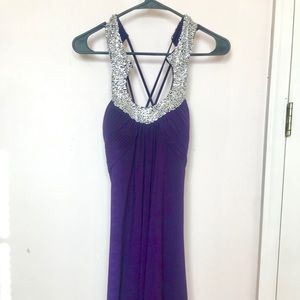 Eggplant cocktail dress with rhinestone neckline